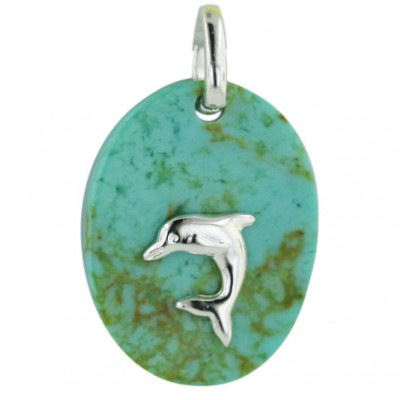Sterling Silver Pendant 15mm Oval Faux Turquoise with Plain Dolphin--E-coated/Nickle Free-