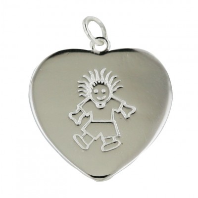 Sterling Silver Pendant 23mm Plain Heart with Engraved Boy Spiky Hair