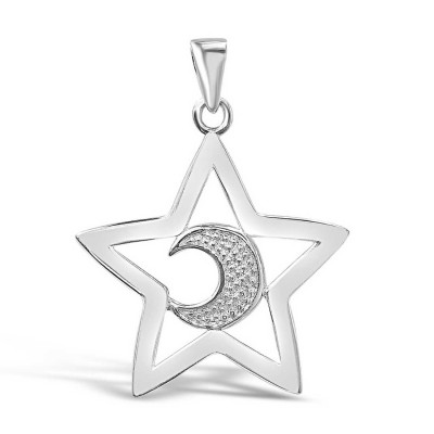 Sterling Silver Pendant Plain Open Star with Moon Backwards--Rhodium Plating/Nickle Free-