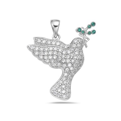 Sterling Silver Pendant Pave Clear Cubic Zirconia Dove with Emerald Green. Leaf