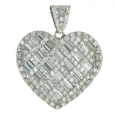 Sterling Silver Pendant 29mm Clear Cubic Zirconia Baguette with Cubic Zirconia Heart