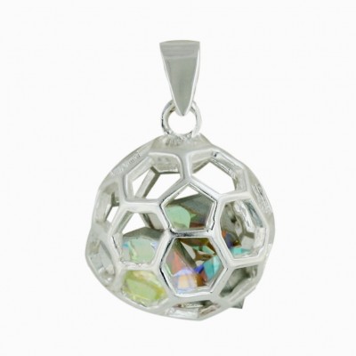 Sterling Silver Pendant 16mm Open Plain Hexagon Ball with Clear AB color Cyrstal Cr