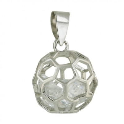 Sterling Silver Pendant 16mm Open Plain Hexagon Ball with Clear Cubic Zirconia Insid