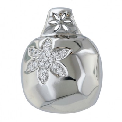 Sterling Silver Pendant 25X25mm Faceted Cushion with Clear Cubic Zirconia Flower+Cut