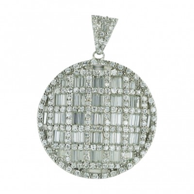 Sterling Silver Pendant 32X32mm Clear Cubic Zirconia Round Baguette with Cubic Zirconia