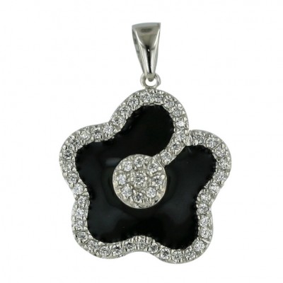Sterling Silver Pendant Black Enamel Flower with Clear Cubic Zirconia Lines