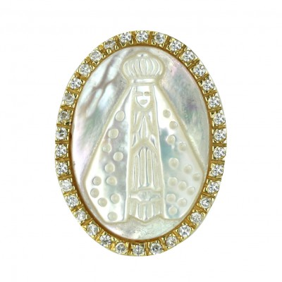 Sterling Silver Pendant 29X22mm Oval Clear Cubic Zirconia (Gold Plate) +Cameo of A