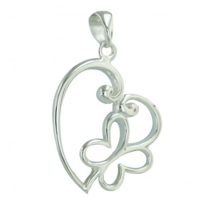 Sterling Silver Pendant Plain Open Slanted Heart with Butterfly Left