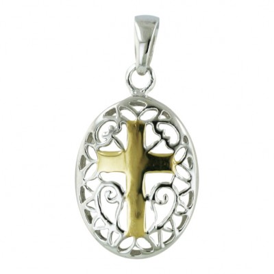 Open Golden Oval Cross Filigree Charm Pendant Necklace
