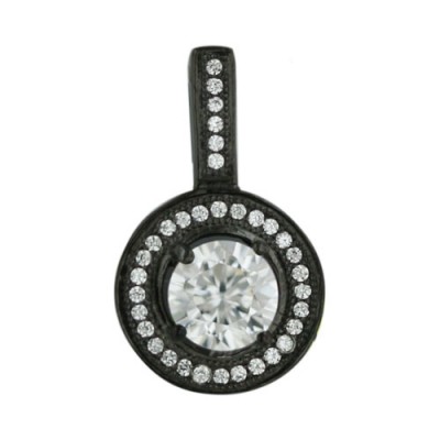 Sterling Silver Pendant 6.5mm Round Micropave Clear Cubic Zirconia with Black Plating