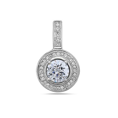 Sterling Silver Pendant 6.5mm Round Micropave Clear Cubic Zirconia with Rhodium Plating Plating