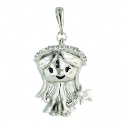 Sterling Silver Pendant Plain Fairy Angel with Clear Cubic Zirconia Crown+Wish Stick