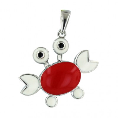 Sterling Silver Pendant Red+White Enamel Crab with Black Eyes