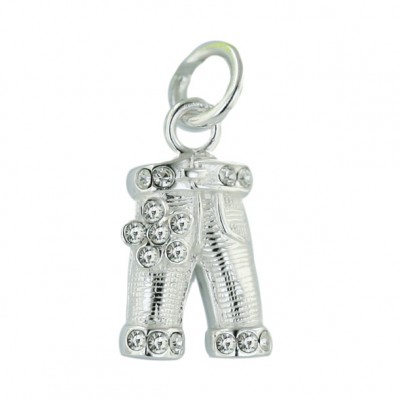 Sterling Silver Pendant Plain Line Texture Pant with Clear Cubic Zirconia Flower+Belt+