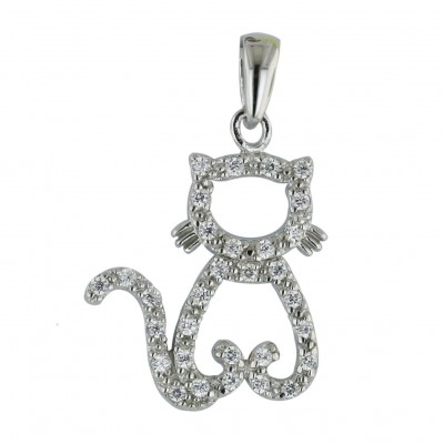 Sterling Silver Pendant Open Clear Cubic Zirconia Kitty--Rhodium Plating/Nickle Free--