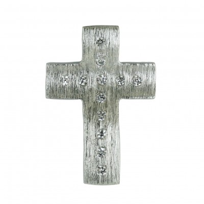 Sterling Silver Pendant Clear Cubic Zirconia Doted Cross Wavy Brush Textured--Rhodium Plating