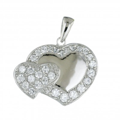 Sterling Silver Pendant 23mm Plain with Cubic Zirconia Around+14mm Clear Cubic Zirconia Heart--