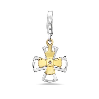 Sterling Silver Pendant 2 Tone Gold Plain Open Cross with 1 Pc Diamon