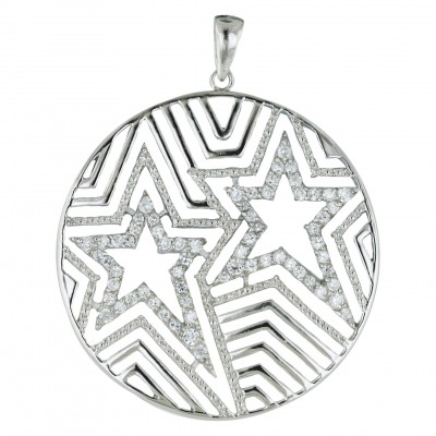 Sterling Silver Pendant 44X44mm Clear Cubic Zirconia Open Lined Round Star--Rhodium Plating/N