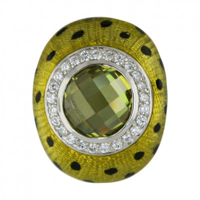 Sterling Silver Pendant Round Faceted Light Olivine Cubic Zirconia with Yellow+Black