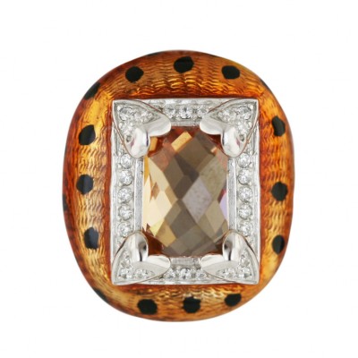 Sterling Silver Pendant Rectangular Champagne Cubic Zirconia with Brown+Black Dot Epoxy Enamel