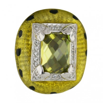 Sterling Silver Pendant Rectangular Light Olivine Cubic Zirconia with Yellow+Black Dot Epoxy