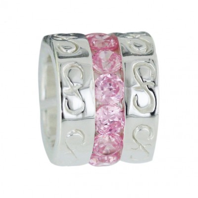 Sterling Silver Pendant Pink Cubic Zirconia Row with Plain Silver Slider Engraved S