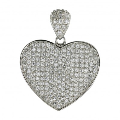 Sterling Silver Pendant 30mm Clear Cubic Zirconia Heart Bezel Set--Rhodium Plating/Nickle Free--