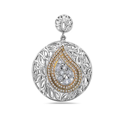 Sterling Silver Pendant 36X36mm Open Round Marquis with Gold Tone+Clear