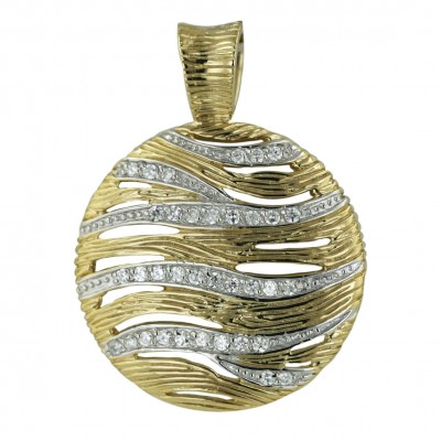 Sterling Silver Pendant 33X33mm 2 Tone Gold Round Plain Wavy Lines