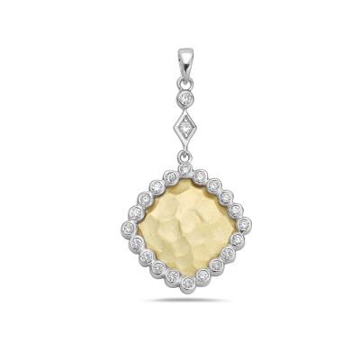 Sterling Silver Pendant 22X22mm 2 Tone Gold Rhombus with Champagne Cubic Zirconia Around