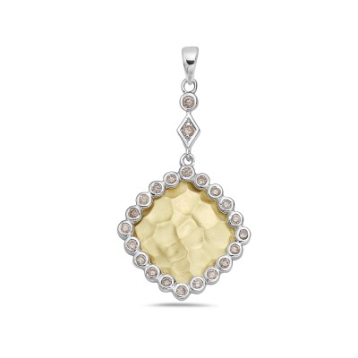 Sterling Silver Pendant 22X22mm 2 Tone Gold Rhombus with Clear Cubic Zirconia Around