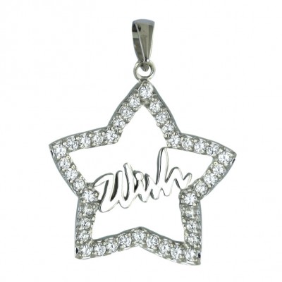 Sterling Silver Pendant Clear Cubic Zirconia Open Star with Silver Word Wish