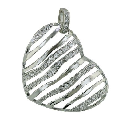 Sterling Silver Pendant Silver+Clear Cubic Zirconia Open Wavy Lined Heart--Rhodium Plating/Nickle Free