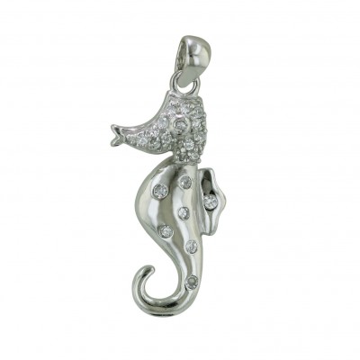 Sterling Silver Pendant Clear Cubic Zirconia Seahorse--Rhodium Plating/Nickle Free--