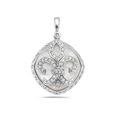 Sterling Silver Pendant 23X23mm White Mother of Pearl Rhombus with Clear Cubic Zirconia Fleur De