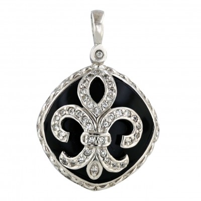 Sterling Silver Pendant 23X23mm Onyx Rhombus with Clear Cubic Zirconia Fleur De Lis