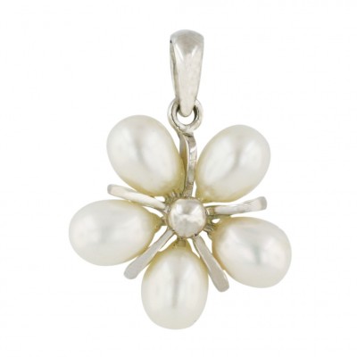 Sterling Silver Pendant 5 Pc White Fresh Water Pearl with Silver Flower Ctr--E-coated/Nickle Free-