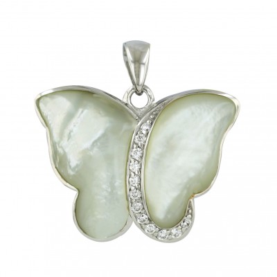 Sterling Silver Pendant 34X26mm White Mother of Pearl Butterfly with Clear Cubic Zirconia