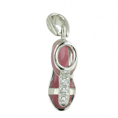 Sterling Silver Pendant Pretty Pink Epoxy#17 with Opened Clear Cubic Zirconia Flat San