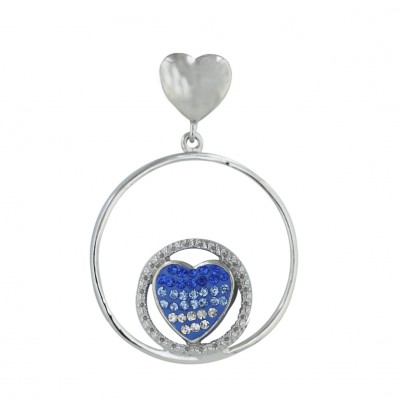 Sterling Silver Pendant 11mm Sapphire+Aqua Marine +Clear Jk Crystal Heart 26mm
