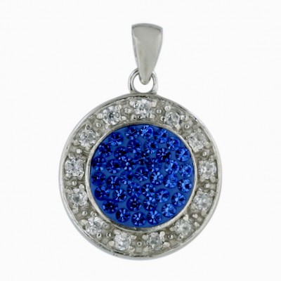 Sterling Silver Pendant 17X17mm Sapphire Jk Crystal Round with Clear Cubic Zirconia