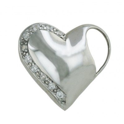 Sterling Silver Pendant 24mm Clear Cubic Zirconia Left Side Lining Heart+Open Rig