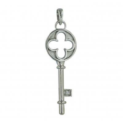 Sterling Silver Pendant Open Flower Keys with Clear Cubic Zirconia