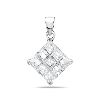 Sterling Silver Pendant 10X10mm Clear Cubic Zirconia Tic-Tac-Toe Cut Square
