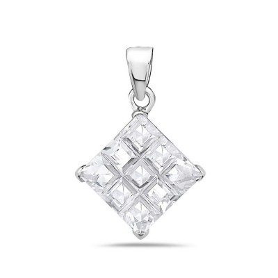 Sterling Silver Pendant 9X9mm Clear Cubic Zirconia Tic-Tac-Toe Cut Square