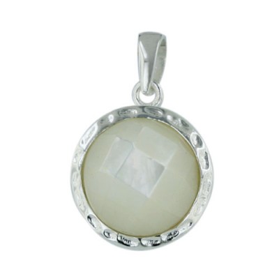 Sterling Silver Pendant 13mm White Mother of Pearl Round Chess Cut with Hammerred