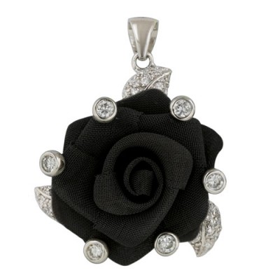 Sterling Silver Pendant 25mm Black Plating Mesh Flower (Brass) with Clear Cubic Zirconia
