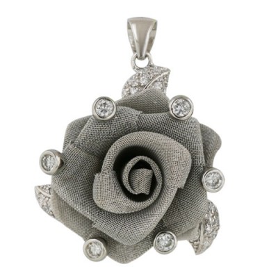 Sterling Silver Pendant 25mm Rhodium Plating Plating Mesh Flower (Brass) with Clear Cubic Zirconia