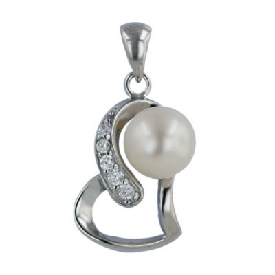 Sterling Silver Pendant Clear Cubic Zirconia Open Aside Heart with White Fresh